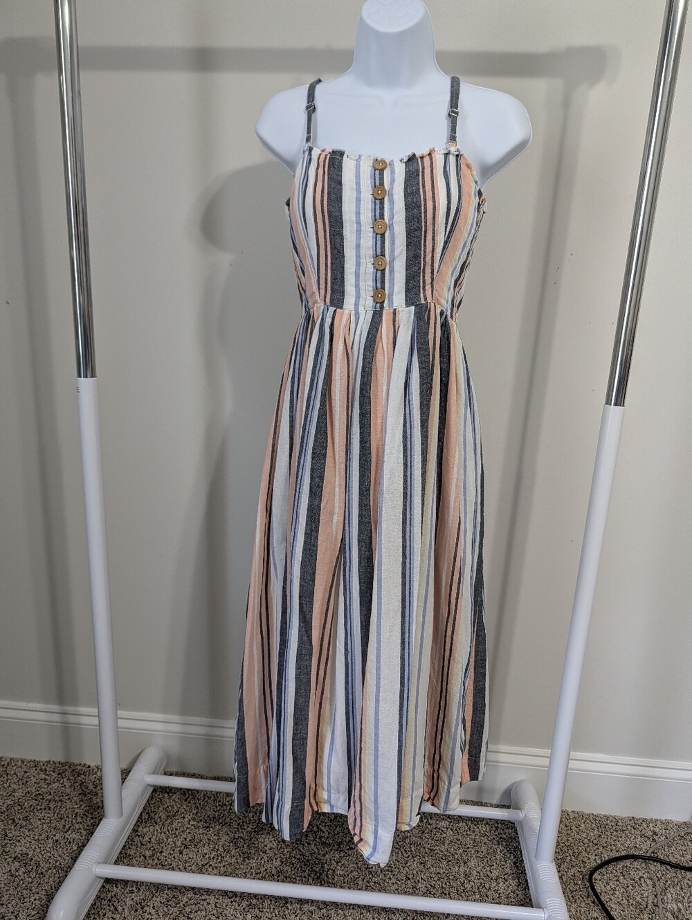 Free People Striped Button-Front Maxi Dress in Peach, Navy & White